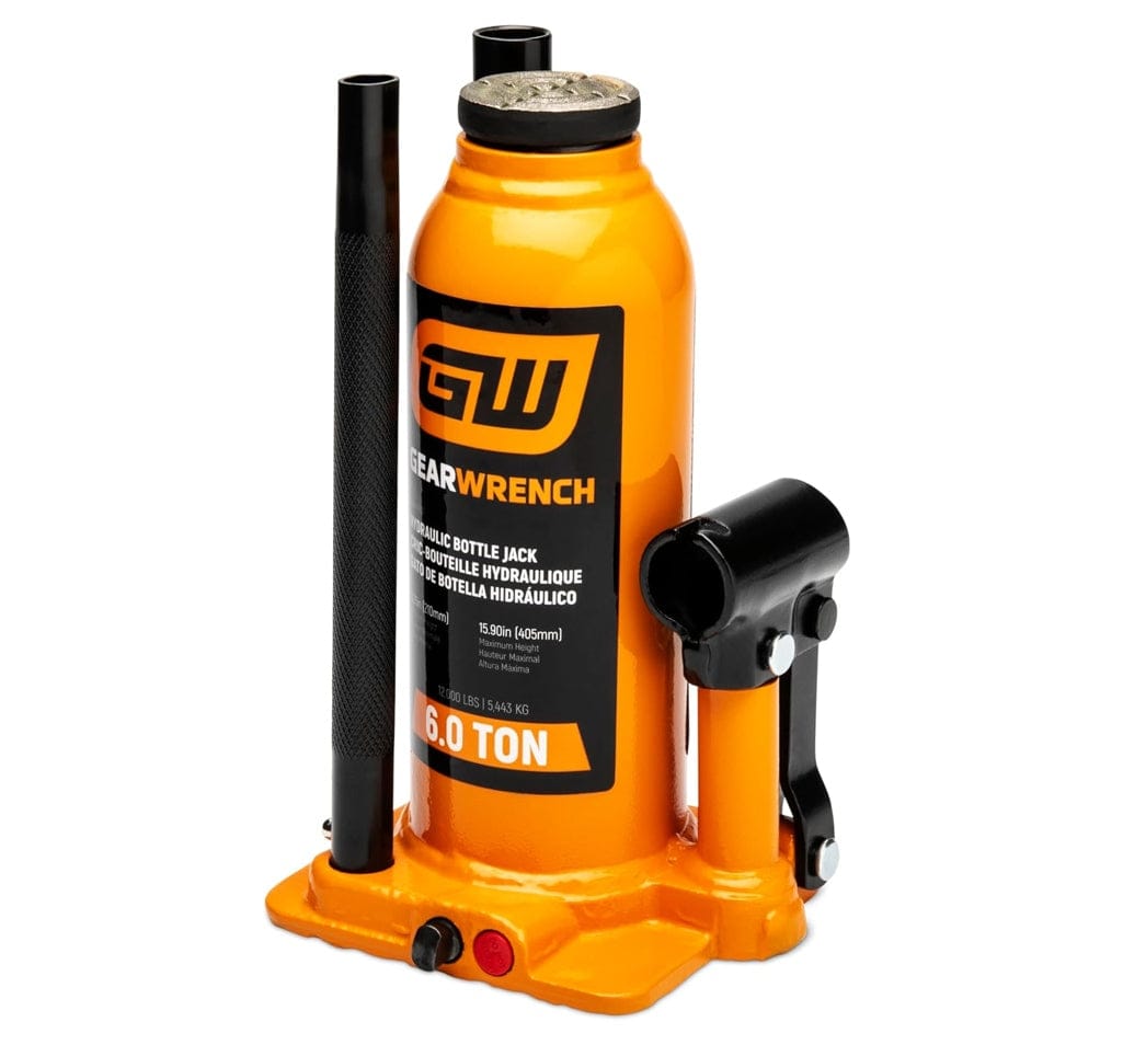 Side profile of the GEARWRENCH 6-ton bottle jack with the pump handles stored in the built-in side slots, showcasing the compact design for easy transport and storage.
