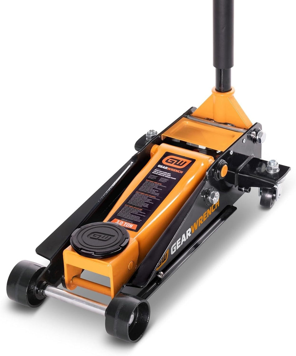 A high-resolution product image of the GEARWRENCH 3 ton heavy duty service floor jack featuring a molten orange high-strength welded steel design and professional fast lift hydraulic system.