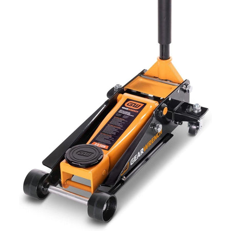 A high-resolution product image of the GEARWRENCH 3 ton heavy duty service floor jack featuring a molten orange high-strength welded steel design and professional fast lift hydraulic system.