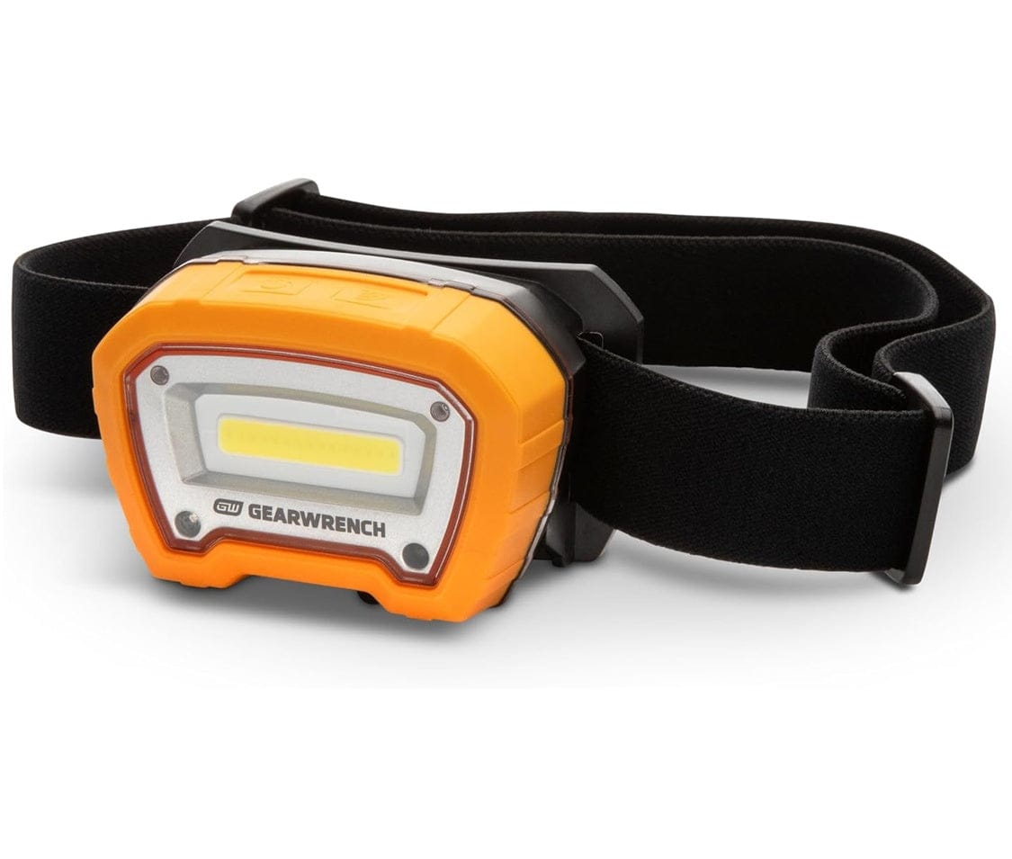 Front view of the GEARWRENCH GWHL400 rechargeable LED headlamp with its orange and black housing and black head strap.