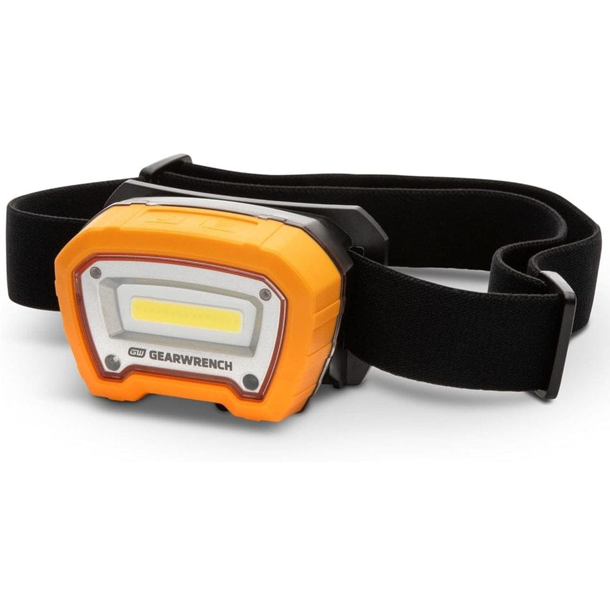 Front view of the GEARWRENCH GWHL400 rechargeable LED headlamp with its orange and black housing and black head strap.