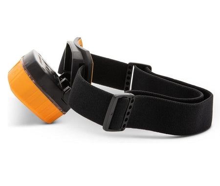 Side view of the GEARWRENCH headlamp showing the adjustable black elastic strap and the orange light housing tilted down.
