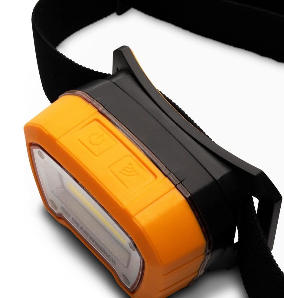 Close-up of the GEARWRENCH headlamp's side, revealing the open USB-C charging port.