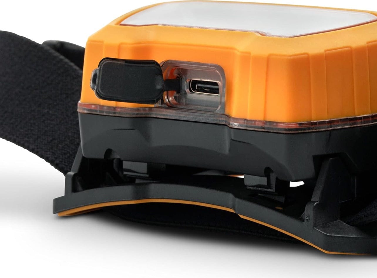 Close-up of the GEARWRENCH headlamp's side, revealing the open USB-C charging port.