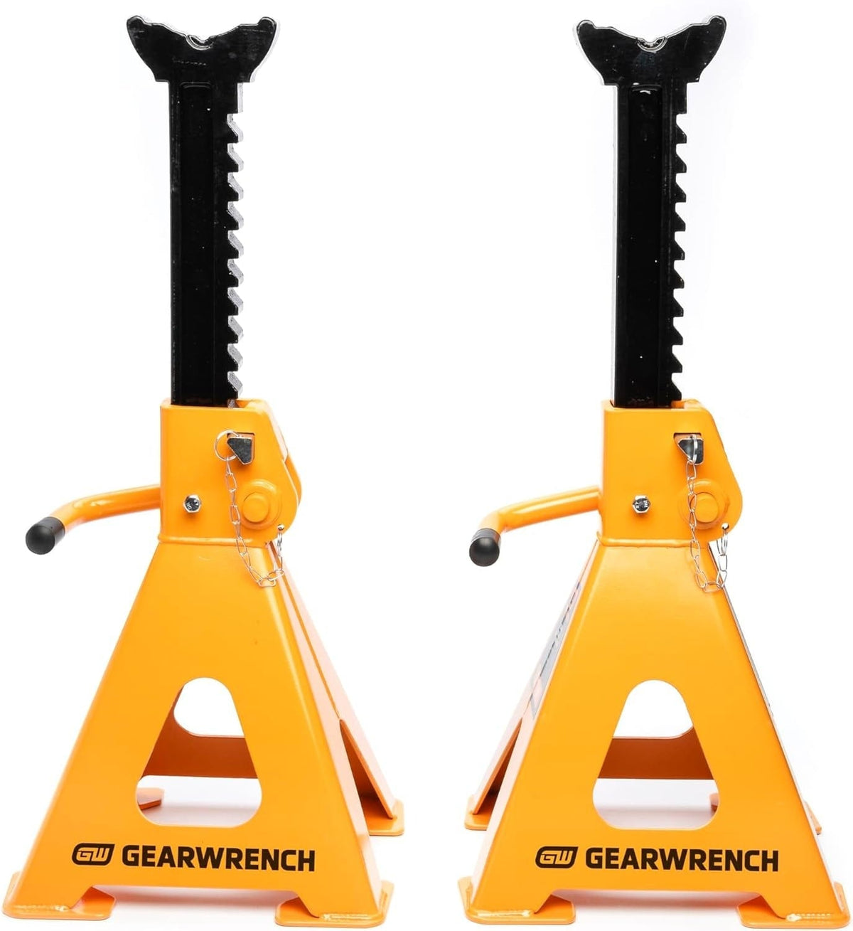 Front view of two fully extended GEARWRENCH 12-ton ratcheting jack stands in molten orange, showcasing the heavy-duty ductile iron bars and secure double-locking pin safety mechanisms.