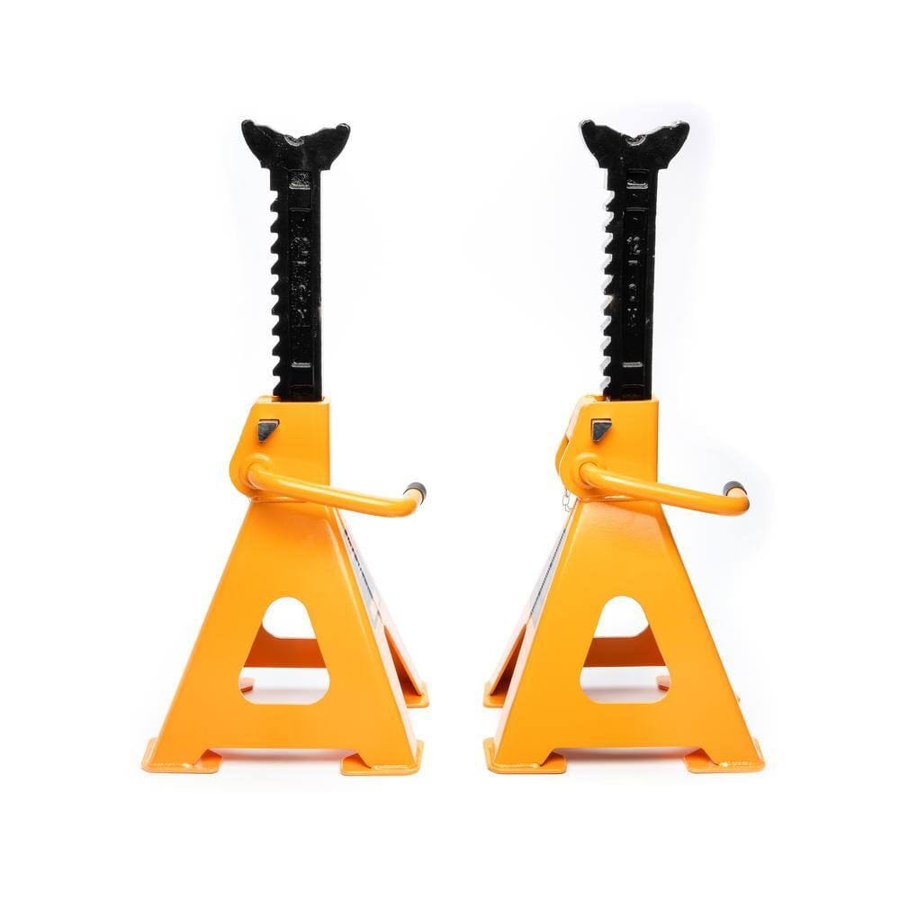 Side-by-side comparison of two GEARWRENCH 12-ton jack stands, illustrating the wide triangular base and high-visibility molten orange powder coating designed for industrial shop safety.