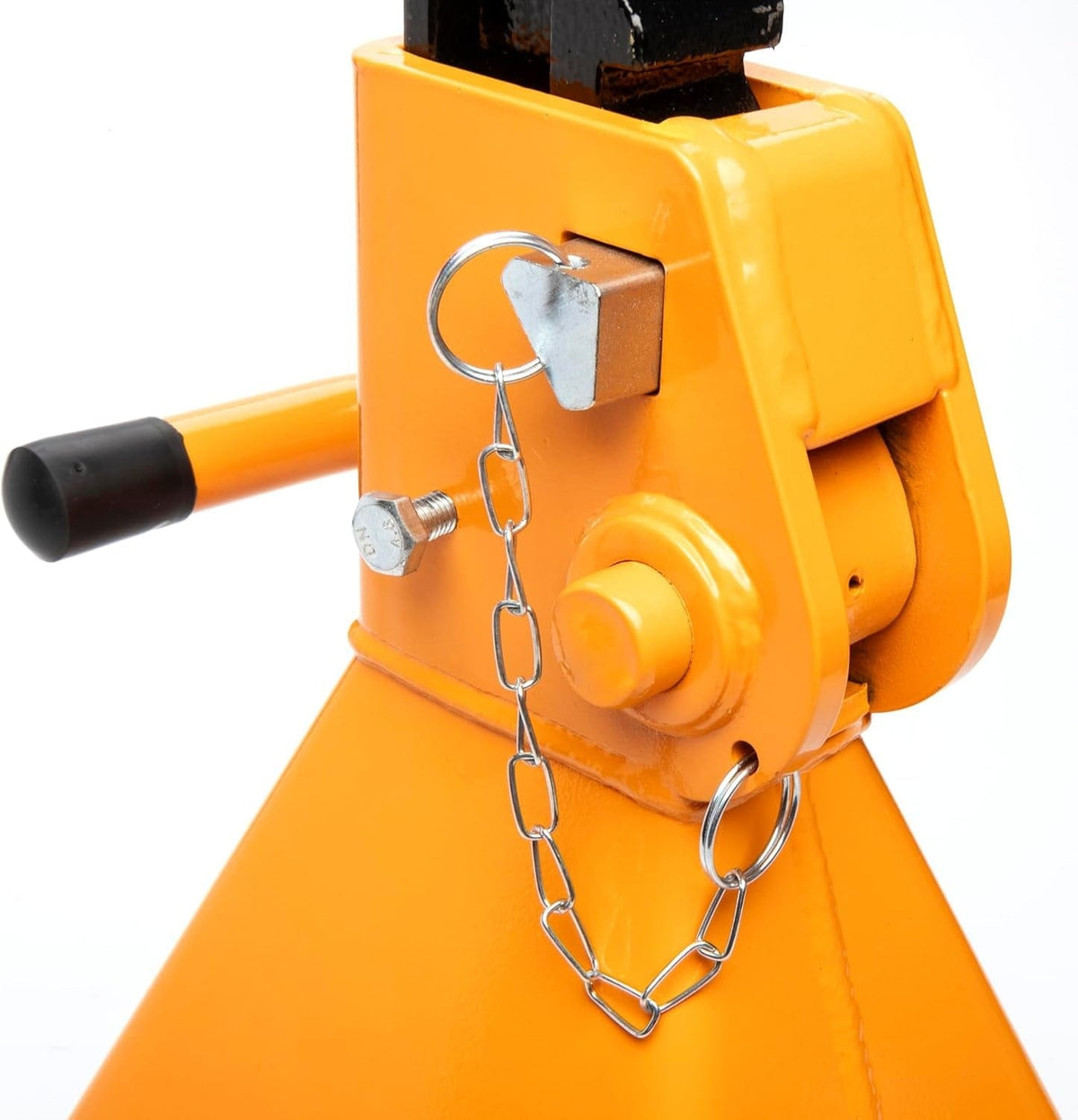 Close-up detail of the GEARWRENCH 12-ton jack stand's safety assembly, showing the manual double lock pin with a tethered chain and high-strength forged steel pivot hardware.
