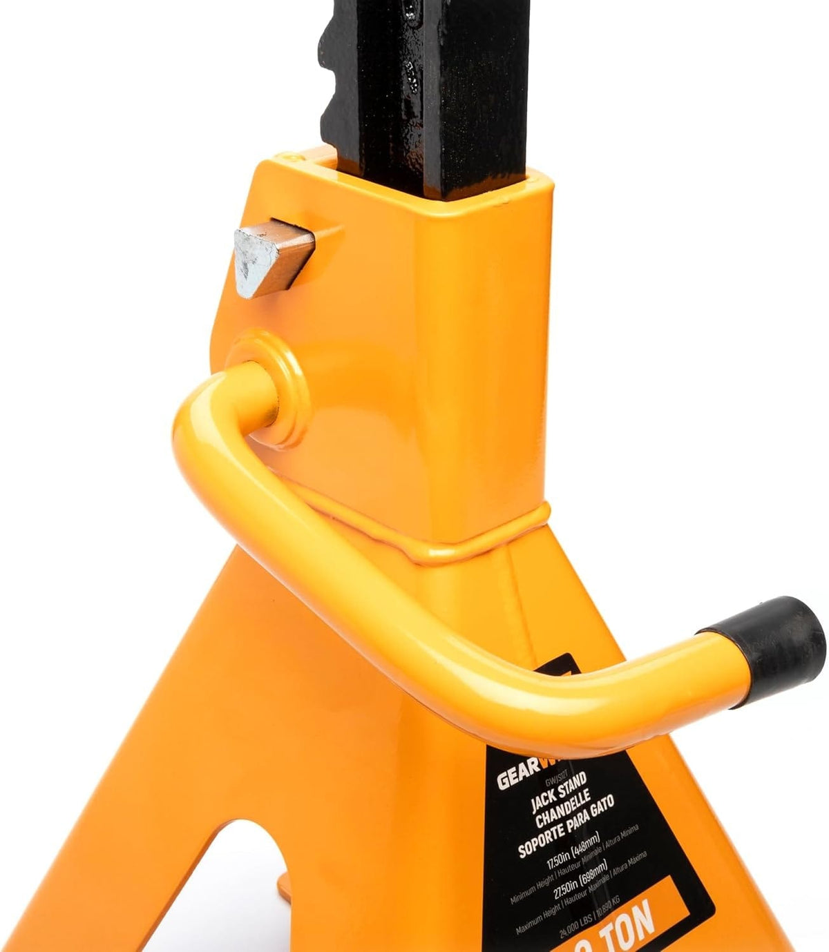 Side-angled profile of a GEARWRENCH 12-ton ratcheting jack stand, highlighting the ergonomic adjustment handle and the durable welded steel frame construction.