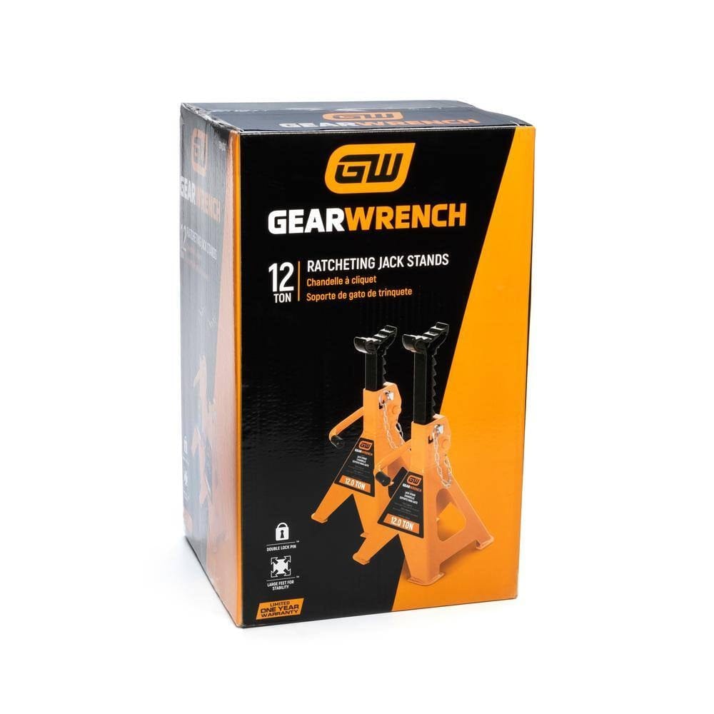 The original retail packaging for the GEARWRENCH GWJS12T 12-ton ratcheting jack stands 2-pack, displaying product features, safety certifications, and the molten orange and black branding.
