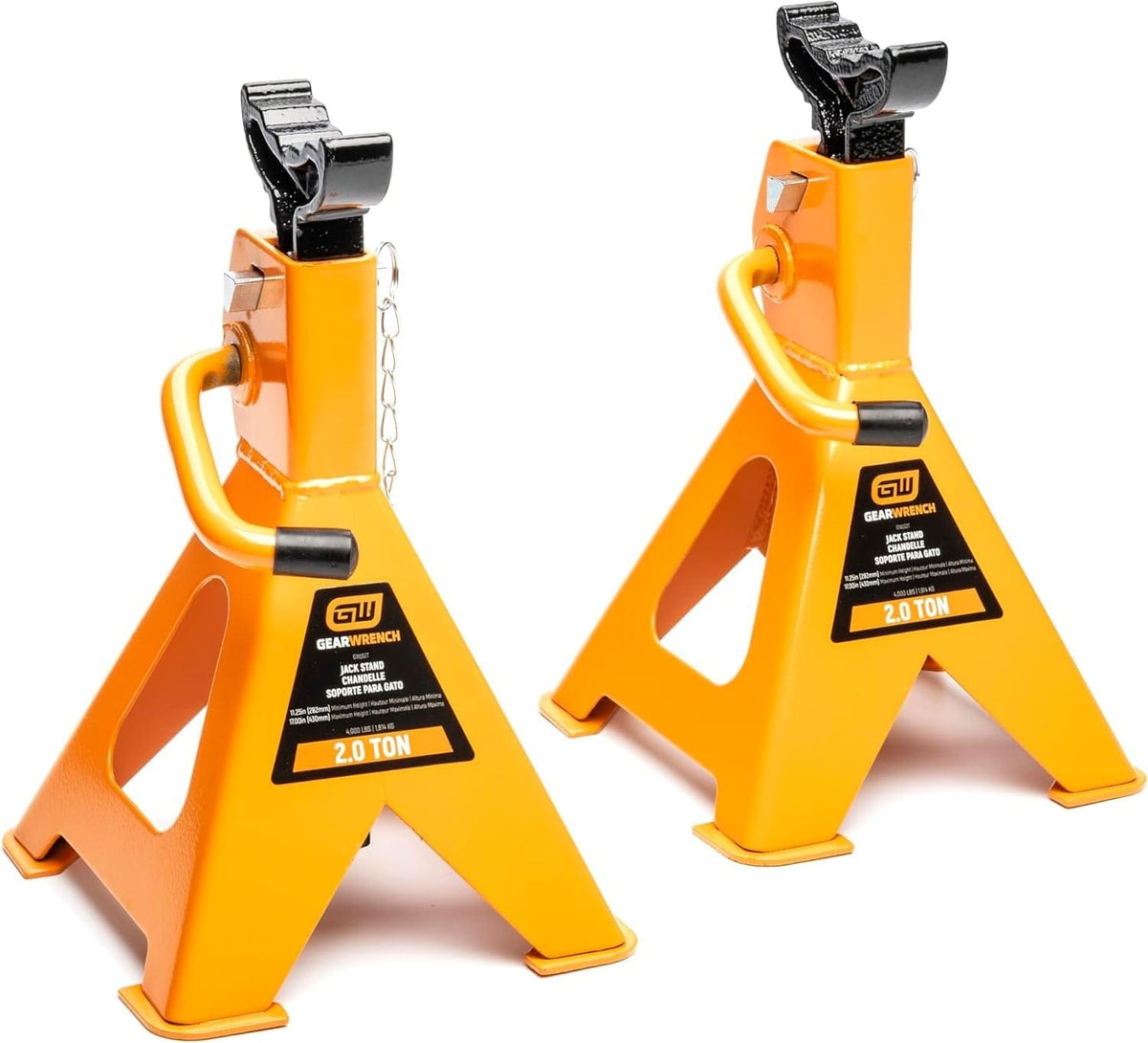 A pair of high-visibility molten orange GEARWRENCH 2-ton ratcheting jack stands featuring a high-strength welded steel design and wide saddles for secure vehicle support in professional automotive shops.