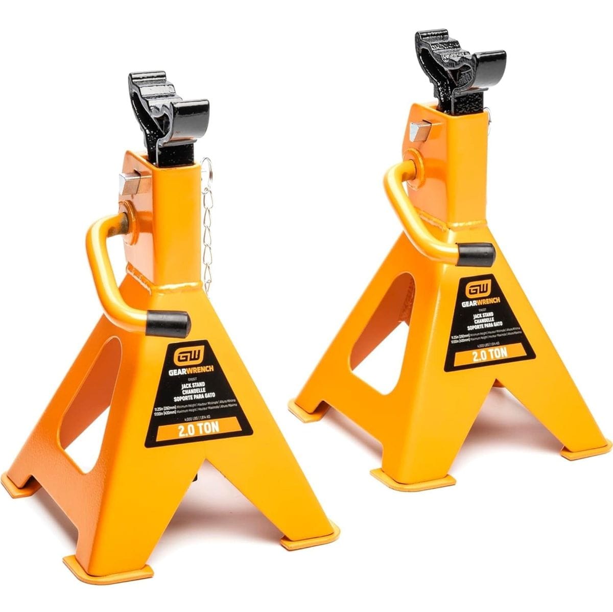 A pair of high-visibility molten orange GEARWRENCH 2-ton ratcheting jack stands featuring a high-strength welded steel design and wide saddles for secure vehicle support in professional automotive shops.