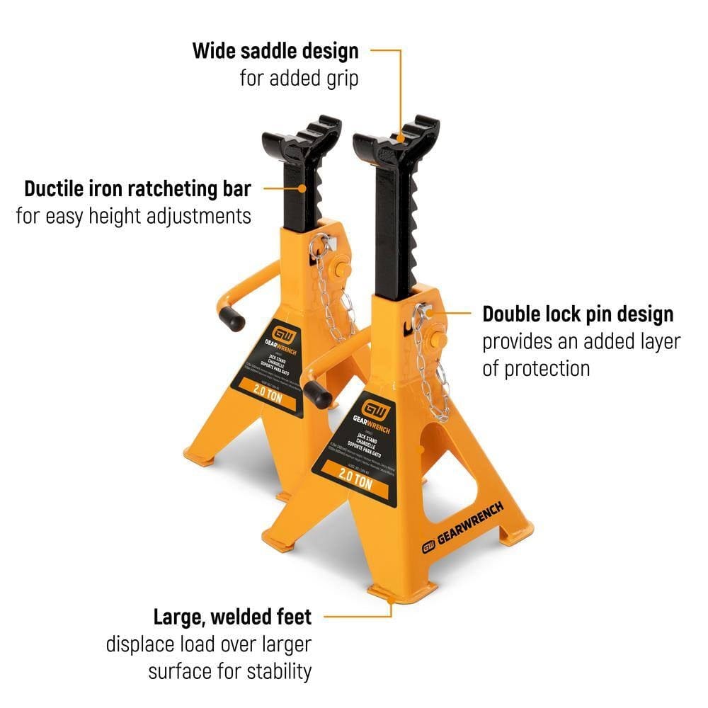 Feature infographic of the GEARWRENCH 2-ton jack stand highlighting the wide saddle design for grip, ductile iron ratcheting bar for height adjustments, double lock pin for protection, and large welded feet for stability.