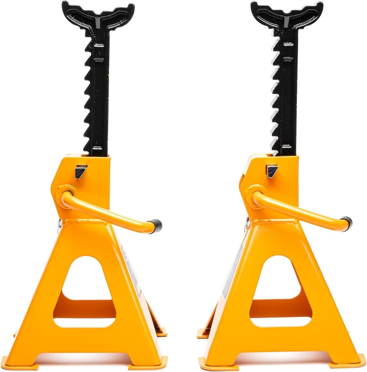 Front view of two fully extended GEARWRENCH 2-ton ratcheting jack stands in molten orange, showcasing the durable ductile iron bars and secure double-locking pin safety mechanisms.