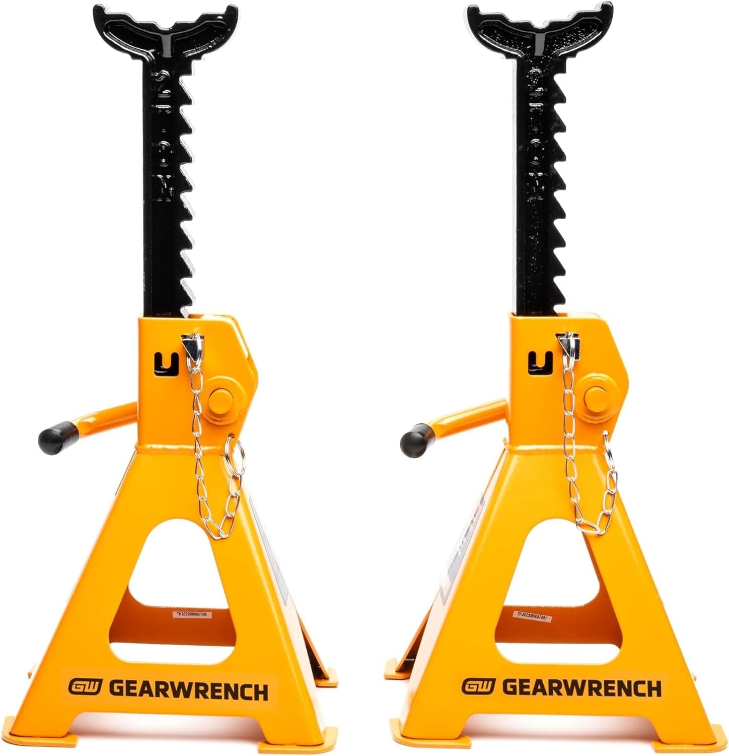 Side-by-side view of two GEARWRENCH 2.0 ton jack stands, illustrating the wide triangular base and high-visibility powder coating designed for industrial shop safety and stability.