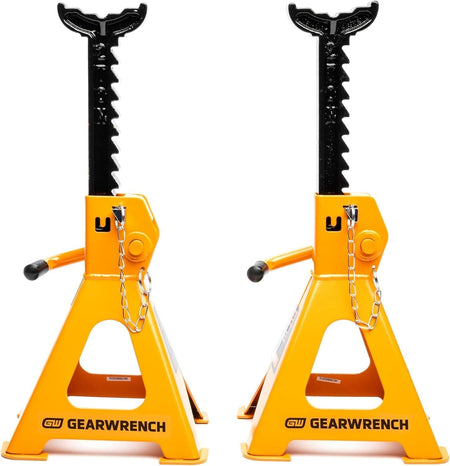 Side-by-side view of two GEARWRENCH 2.0 ton jack stands, illustrating the wide triangular base and high-visibility powder coating designed for industrial shop safety and stability.