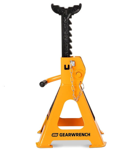 Vertical profile of a GEARWRENCH 2-ton ratcheting jack stand showing the black ductile iron bar fully retracted into the molten orange forged steel housing.