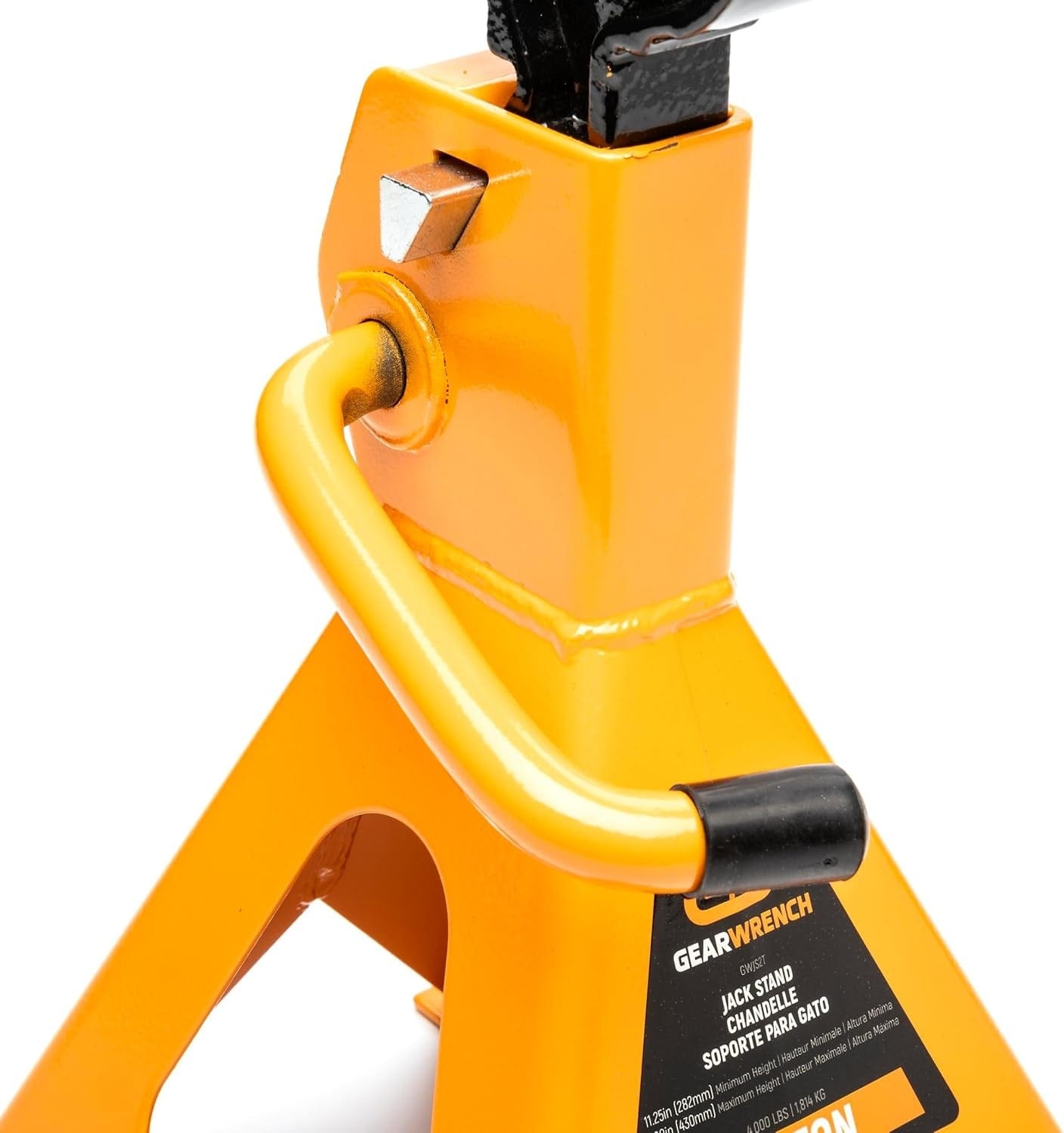 Close-up side view of the GEARWRENCH jack stand housing focusing on the bolstered adjustment handle and the high-strength forged steel pivot point.
