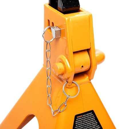 Detailed view of the double lock pin safety mechanism on a GEARWRENCH jack stand, showing the pin and security chain designed to provide an added layer of protection.