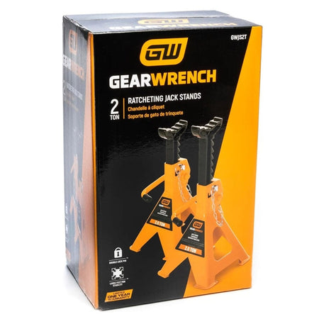 The original retail packaging for the GEARWRENCH GWJS2T 2-ton ratcheting jack stands 2-pack, displaying product features, safety certifications, and molten orange branding.