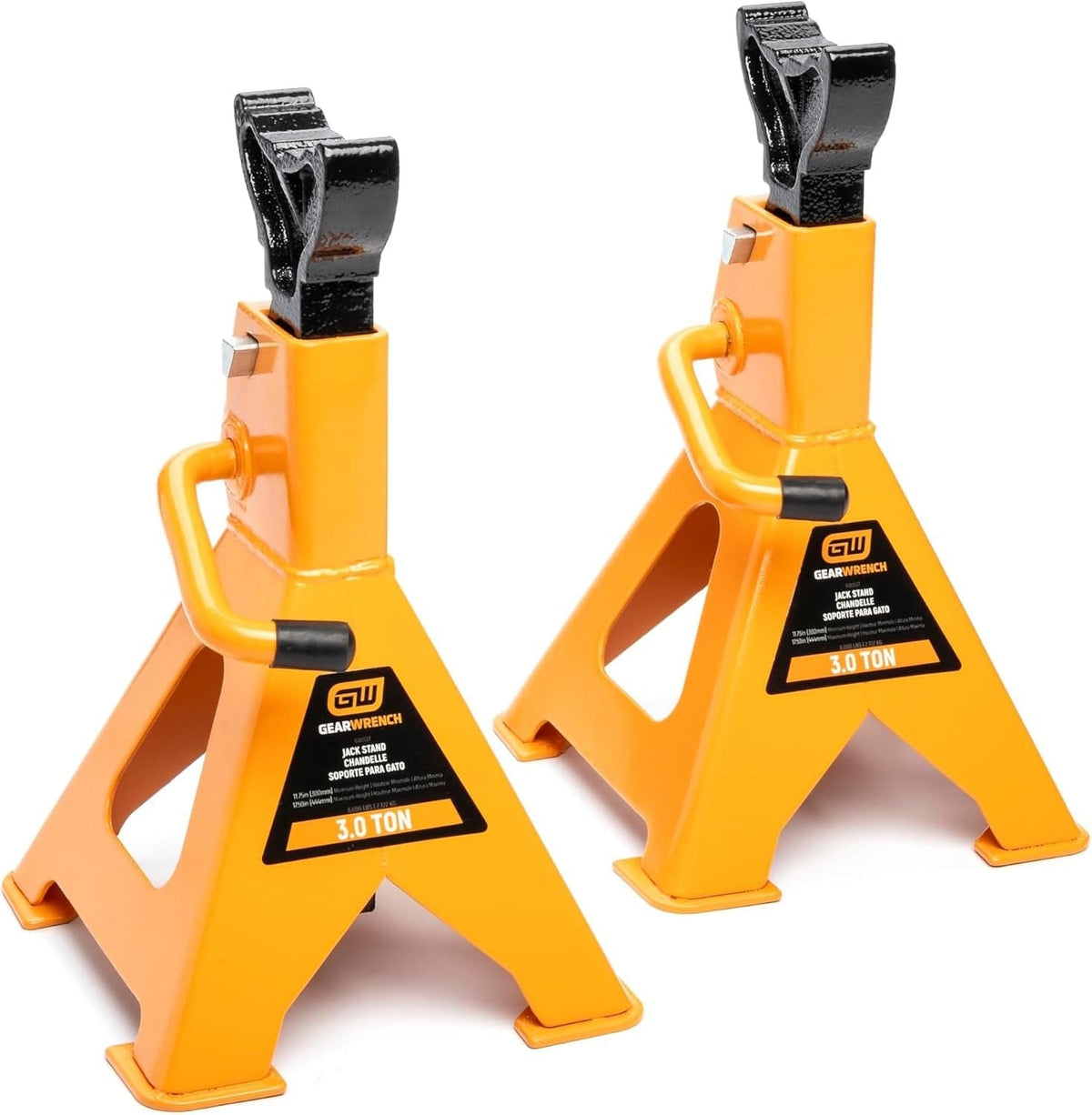Product shot of the GEARWRENCH GWJS3T 3 Ton Ratcheting Jack Stand pair in molten orange with black ductile iron ratcheting bars and wide saddle designs.