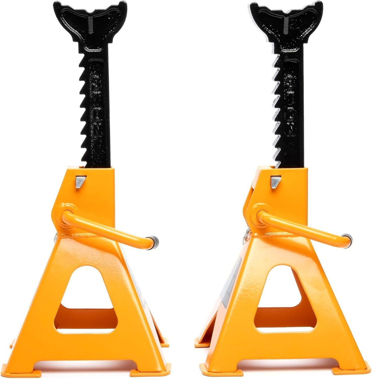 Side profile of two GEARWRENCH 3 ton jack stands fully extended, showcasing the ratcheting teeth on the ductile iron bars and the high-strength welded steel triangular base.