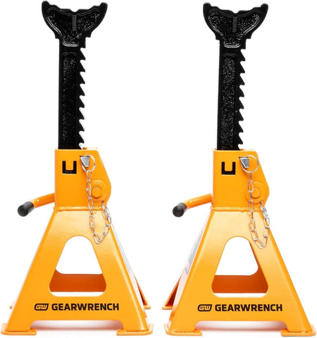 Front view of the GWJS3T jack stand pair showing the double lock pins attached by chains and the large welded feet designed for maximum load displacement and stability.