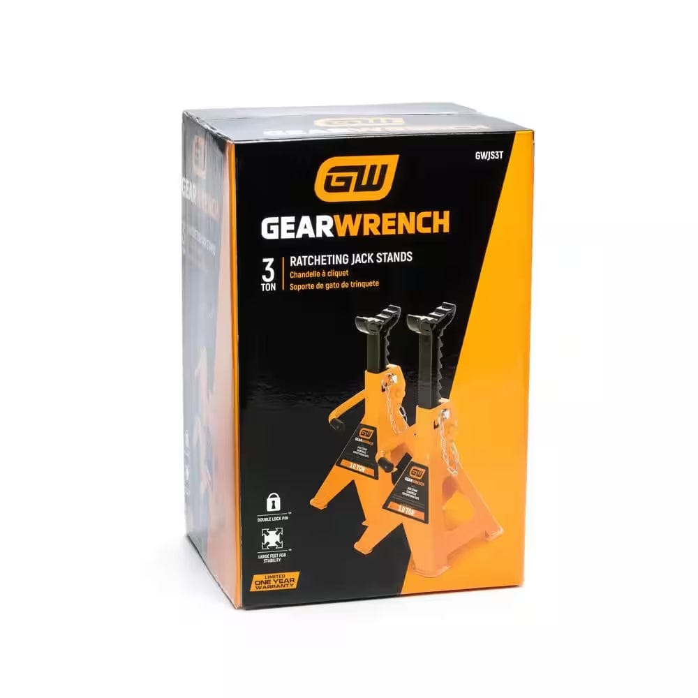 The original retail packaging for a 2-pack of GEARWRENCH GWJS3T 3 Ton Ratcheting Jack Stands, featuring the molten orange stands on a black and orange box with branding and key safety features.