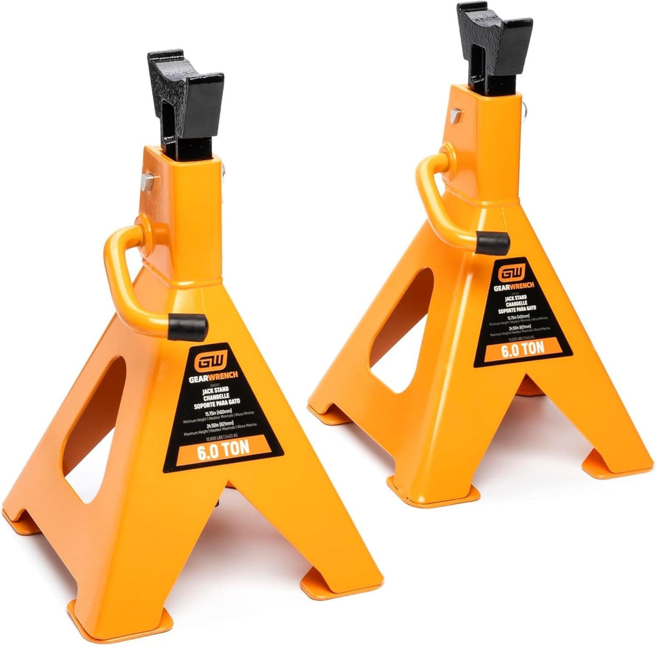 A pair of molten orange GEARWRENCH 6 ton ratcheting jack stands featuring a wide saddle design for added grip and high-strength welded steel construction.