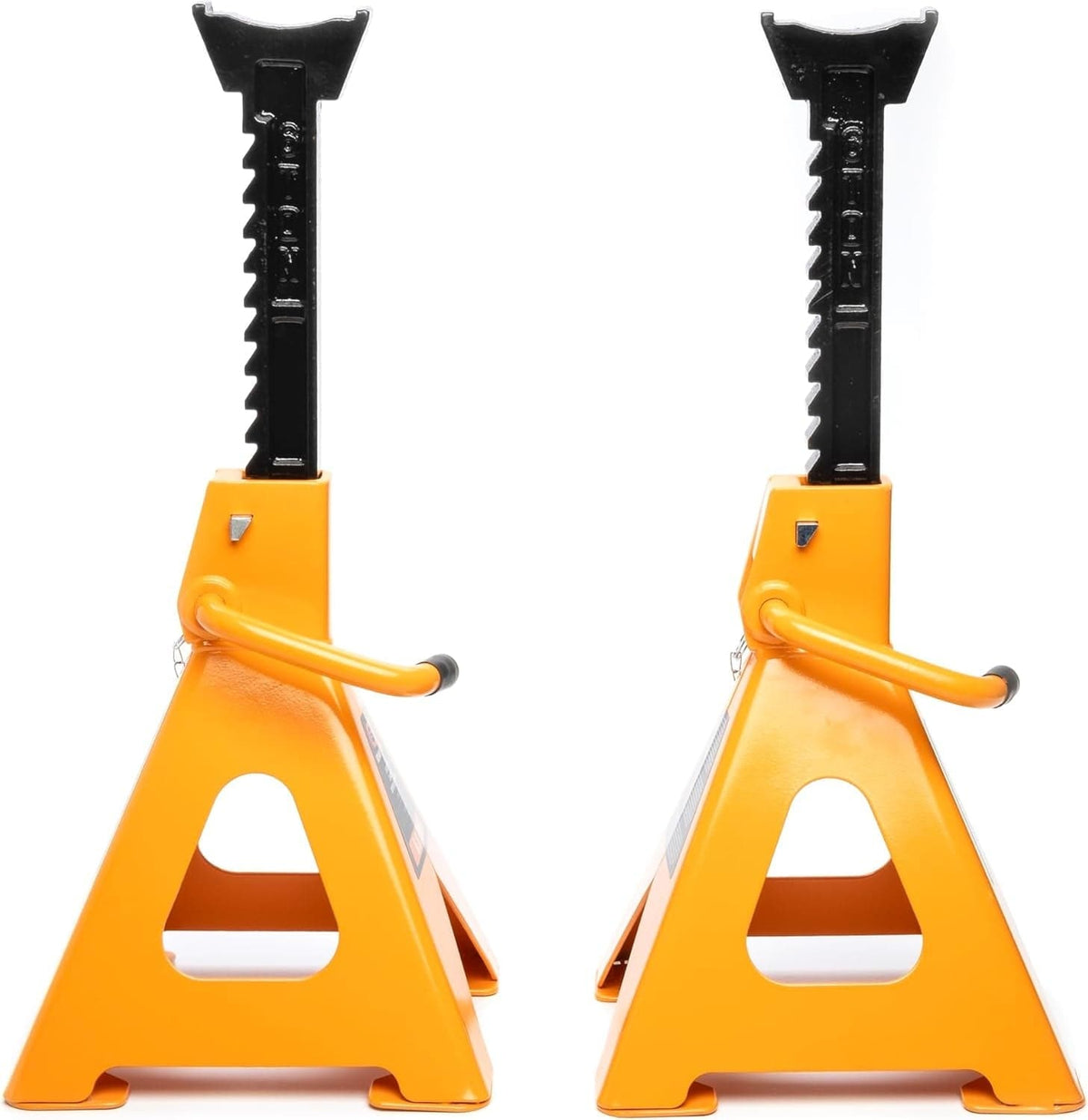 Front view of two GEARWRENCH 6.0 ton jack stands fully extended to showcase the durable ductile iron ratcheting bars for easy height adjustments.