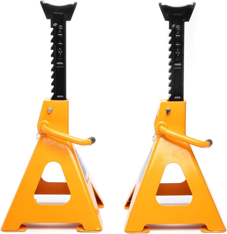 Front view of two GEARWRENCH 6.0 ton jack stands fully extended to showcase the durable ductile iron ratcheting bars for easy height adjustments.