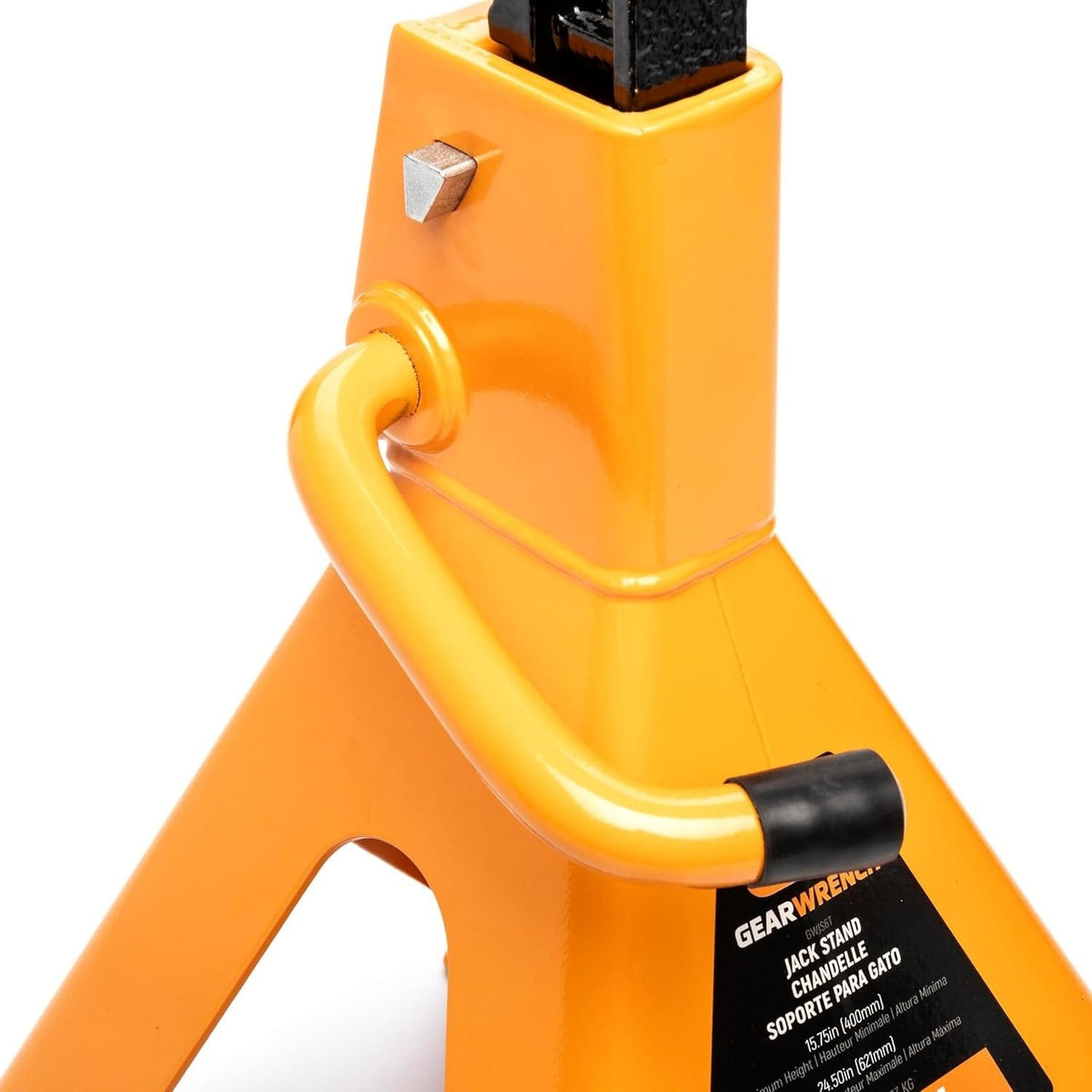 Close-up side view of the high-visibility molten orange jack stand housing focusing on the bolstered handle design and high-strength forged steel pivot point.