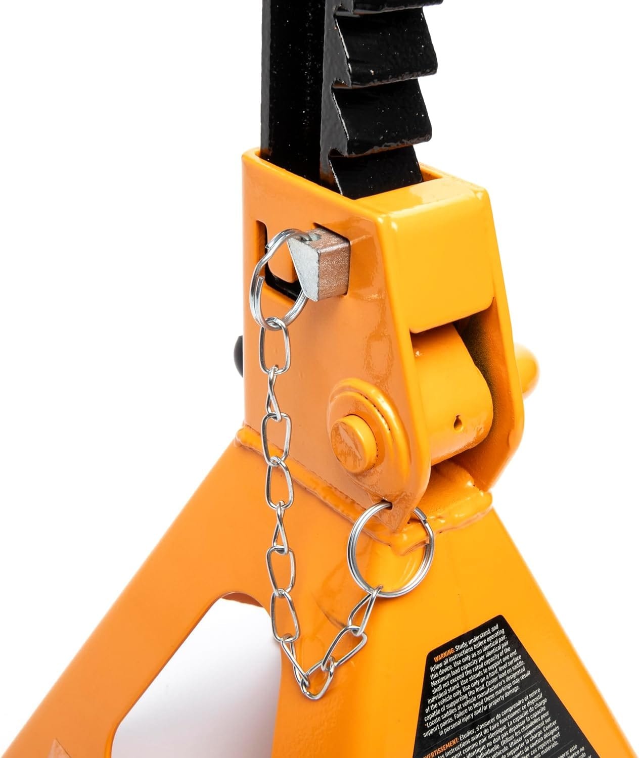 Detailed view of the double lock pin safety mechanism on a GEARWRENCH 6 ton jack stand, showing the pin and security chain designed to provide an added layer of protection.
