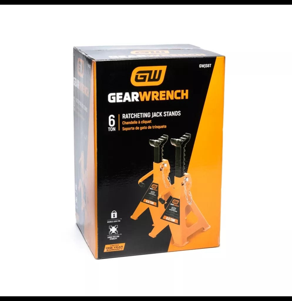 Original retail box for the GEARWRENCH GWJS6T 6 Ton Ratcheting Jack Stands 2-pack, showing the product in its molten orange finish with ASME PASE safety certification.