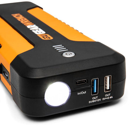 A close-up perspective view of the charging interface on the GEARWRENCH 2500 amp jump starter. The image highlights the illuminated 100-lumen LED flashlight and multiple USB output ports including a USB-C In/Out port and high-speed 5V 2.4A charging ports for mobile devices.