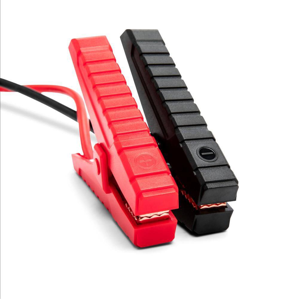 A product shot of the heavy-duty GEARWRENCH jumper clamps. The image features a pair of high-tension red (positive) and black (negative) battery clamps with professional-grade copper teeth designed for maximum conductivity and secure terminal attachment.