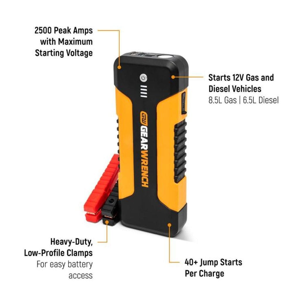 A technical marketing infographic of the GEARWRENCH 12V lithium starter. Callouts highlight the 2500 peak amps, the ability to start 8.5L gas and 6.5L diesel engines, the heavy-duty low-profile clamps, and the high-capacity battery capable of 40 plus jumpstarts per charge.