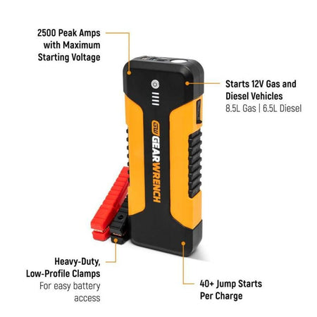 A technical marketing infographic of the GEARWRENCH 12V lithium starter. Callouts highlight the 2500 peak amps, the ability to start 8.5L gas and 6.5L diesel engines, the heavy-duty low-profile clamps, and the high-capacity battery capable of 40 plus jumpstarts per charge.
