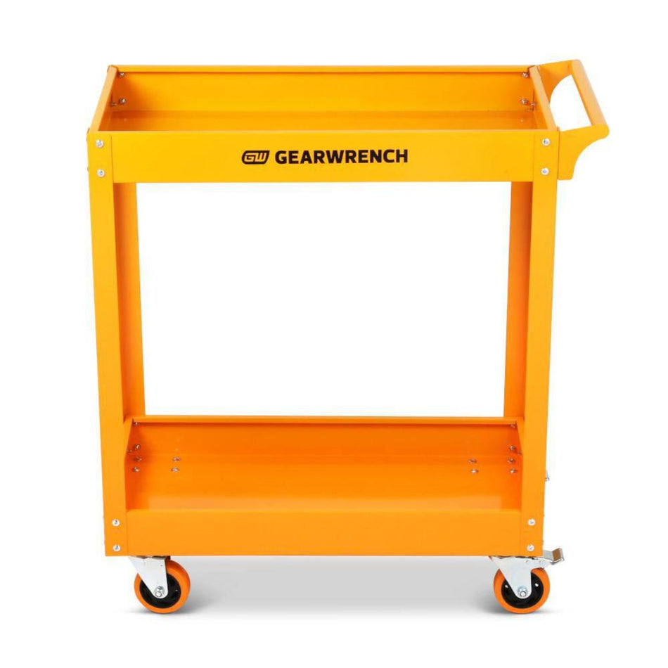 A front studio view of the GEARWRENCH GWMSC 2-shelf automotive utility cart. The heavy-duty steel cart is finished in vibrant molten orange and features a top shelf with the black GEARWRENCH logo, a deep bottom tray for additional storage, and four smooth-rolling casters.