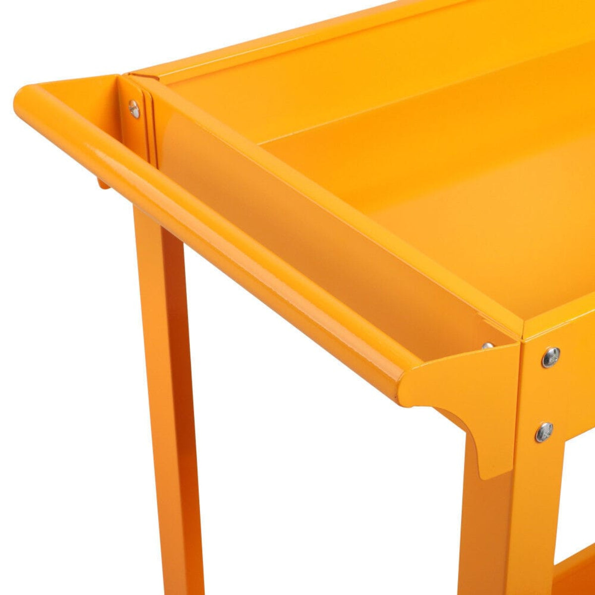 A close-up detail shot of the top shelf and steering handle of the GEARWRENCH automotive utility cart. The image showcases the high-quality molten orange powder-coated finish and the rounded ergonomic steel handle designed for comfortable pushing and pulling across shop floors.