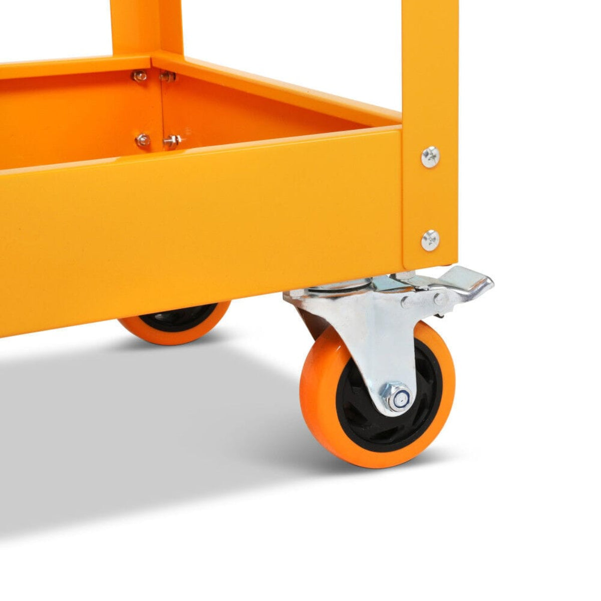 A detailed view of the high-impact polypropylene (PP) casters on the GEARWRENCH utility cart. The image focuses on a single orange and black wheel equipped with a robust foot-activated metal locking brake to keep the cart secure during stationary tasks.