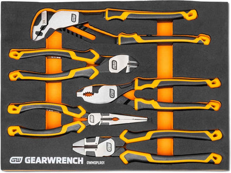 The GEARWRENCH GWMSPLR01 5-piece PITBULL cushion grip pliers set neatly organized in a custom-fit orange and black modular foam storage tray, showcasing the long nose, diagonal cutters, lineman's, tongue and groove, and slip joint pliers.