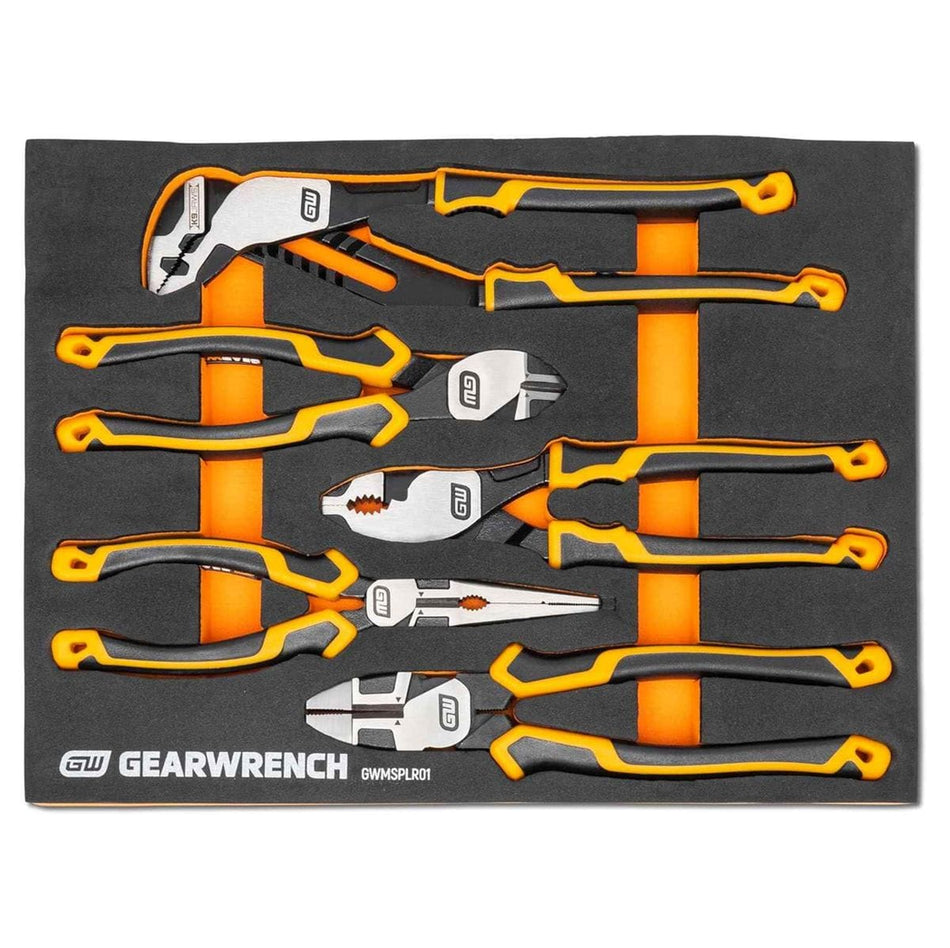 The GEARWRENCH GWMSPLR01 5-piece PITBULL cushion grip pliers set neatly organized in a custom-fit orange and black modular foam storage tray, showcasing the long nose, diagonal cutters, lineman's, tongue and groove, and slip joint pliers.