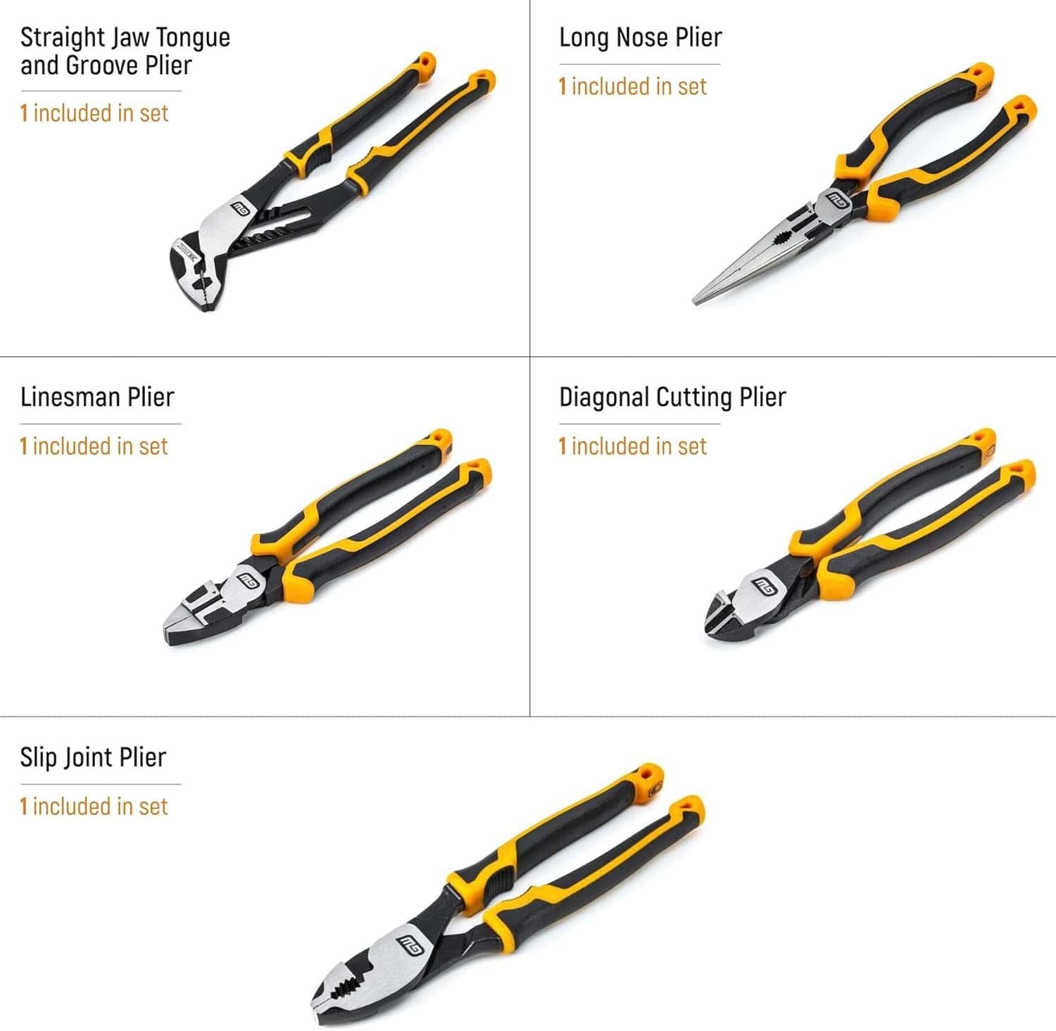 A detailed view of the 8-inch PITBULL long nose pliers from the GEARWRENCH modular set, featuring aggressive K9 jaw teeth and professional cushion grips with integrated tether points.