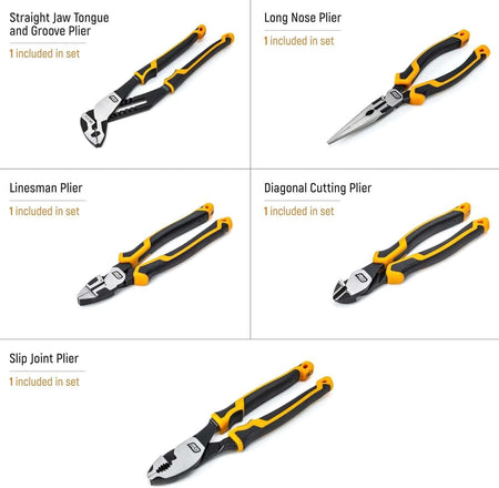 A detailed view of the 8-inch PITBULL long nose pliers from the GEARWRENCH modular set, featuring aggressive K9 jaw teeth and professional cushion grips with integrated tether points.