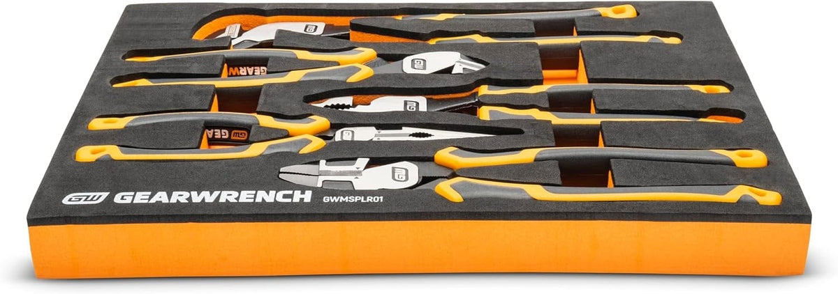 A profile view of the GEARWRENCH PITBULL tongue and groove pliers, highlighting the adjustable jaw mechanism, aggressive tooth pattern, and slip-resistant cushion grips.