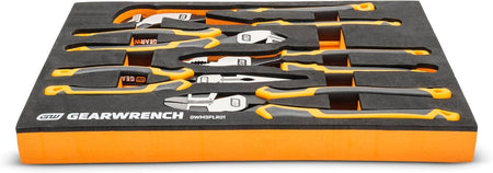 A profile view of the GEARWRENCH PITBULL tongue and groove pliers, highlighting the adjustable jaw mechanism, aggressive tooth pattern, and slip-resistant cushion grips.