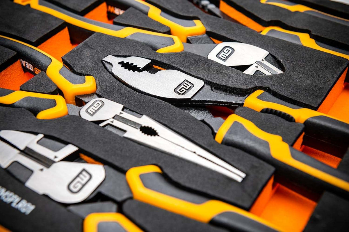 A detailed profile of the PITBULL slip joint pliers from the 5-piece GEARWRENCH set, showcasing the versatile jaw zone for turning nuts and fasteners and the durable alloy steel construction.