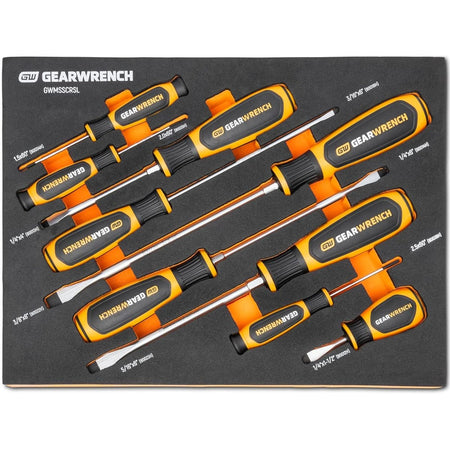 This image displays a set of ten screwdrivers neatly organized in a form-fitting tray. The tools feature ergonomic orange and black handles of various sizes and include both flat-head and Phillips-head tips for different screw types.