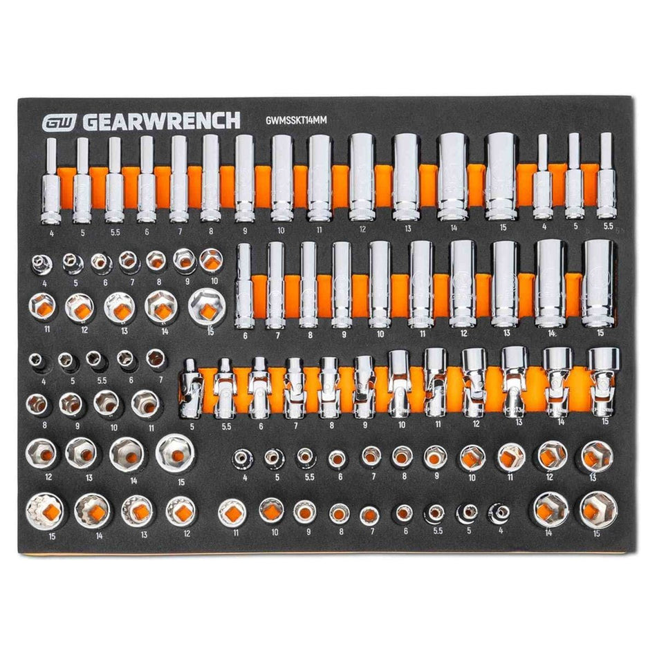 The GEARWRENCH GWMSSKT14MM 89-piece 1/4 inch drive master metric socket set organized in a professional orange and black EVA foam storage tray, featuring a comprehensive range of standard and deep 6-point and 12-point sockets.