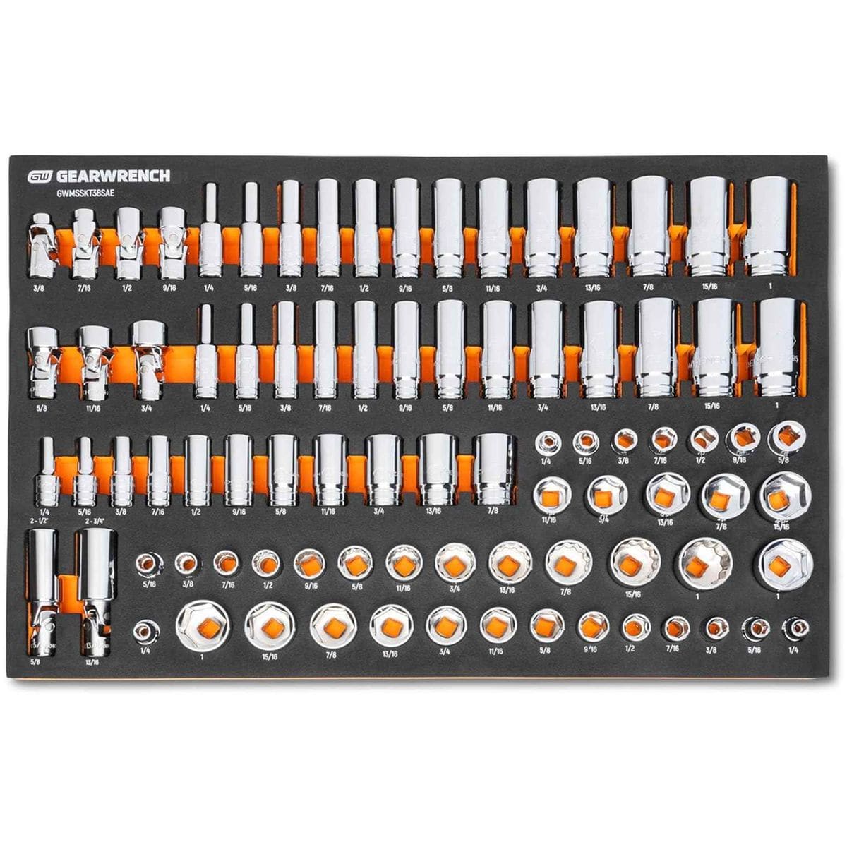 The GEARWRENCH GWMSSKT38SAE 85-piece 3/8 inch drive master SAE socket set organized in a professional orange and black EVA foam storage tray, featuring a comprehensive range of standard and deep 6-point and 12-point sockets.